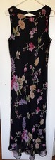 Sheer Black Floral Overlay Chiffon Maxi Dress Sz 14 Cut Out Back Crystal Button