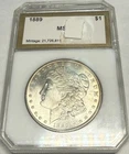 1889 satiny near gem BU Morgan silver dollar. Housed in PCI plastic holder.