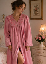 Vtg Vanity Fair Medium Housecoat Robe Fleece Velour Velvet Floral Pink USA  o