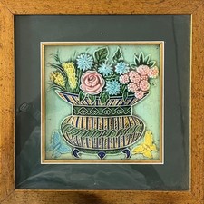 Rare Handpainted Majolica glazed ceramic plaque floral  relief work with frame
