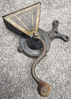 ANTIQUE OLD CAST IRON COFFEE GRINDER WALL MOUNT 1850S OR 1860S KILLER SWIFTS ? $