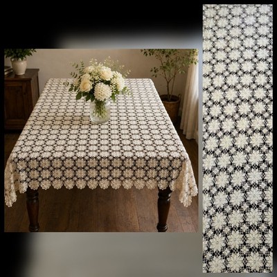 Vintage Crochet Tablecloth 78x53''  Lace Floral Medallion Pattern Rectangle Beige