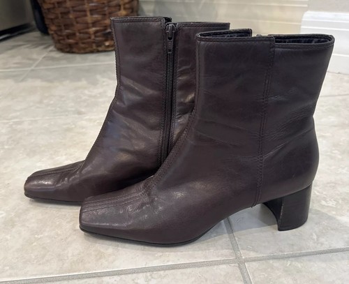 Y2K NINE WEST CHUNKY BROWN LEATHER ANKLE BOOTS BLOCK HEEL SQUARE TOE SZ 8M