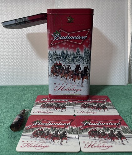 Budweiser Limited Edition 2007 Happy Holidays Aluminum Tin and Coasters 
