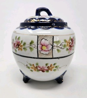 Japan NIPPON Hand Painted Floral Cobalt Footed Porcelain BISCUIT GINGER JAR