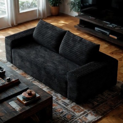 63'' Boneless couch Loveseat Sofa Comfy Deep Seat Modern w/Black Plush Fabric