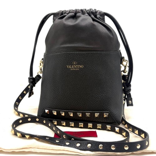 VALENTINO GARAVANI Women Rockstud Drawstring Shoulder Bag Black Leather Gold