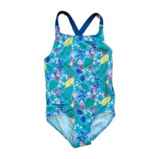 MINI BODEN Green Cross-Back Printed Swimsuit Birds Flowers Vines Print Size 4-5