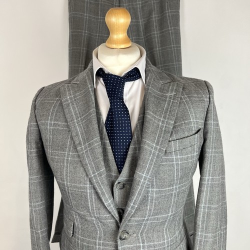 Reiss 3 Piece Suit Men's 38R Light Grey Check 32W 32L Trousers Wool Waistcoat - Picture 3 of 24