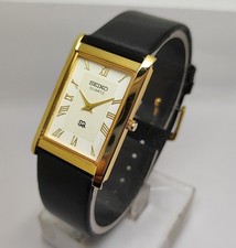 Vintage Seiko Slim Tank Quartz Men White Dial Dress Watch-Free DDP Shipping
