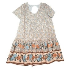 Floral Tiered M Mini Dress Short Sleeve V-Neck Cut Out Orange Blue Boho Casual