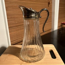 10” Vintage Ribbed Glass Pitcher in Great Condition With Silver Plate Top