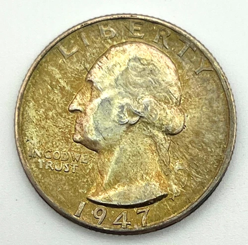 1947 D Washington Quarter 90% Silver AU Toned Toning Almost Uncirculated