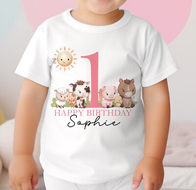 Personalisiertes Kindergeburtstag T-Shirt - Bauernhof Hof Tiere rosa Zahl und Name