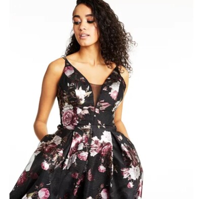 Crystal Doll Womens Black Floral Formal Evening Dress Gown