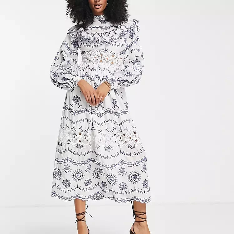 BNWT ASOS EDITION Broderie Blouson Sleeve Midi Dress with Contrast  Embroidery | eBay UK