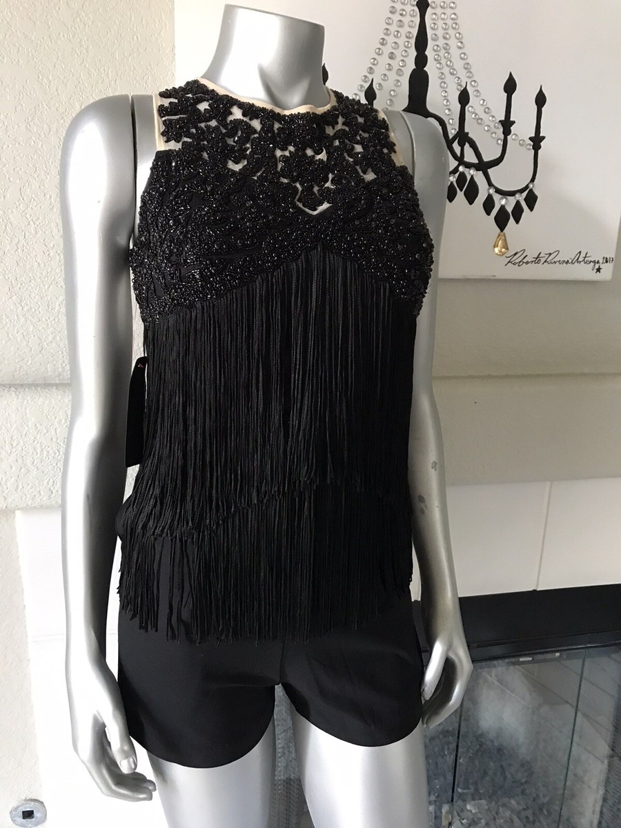 100 % AUTHENTIC NWT BEBE FRINGE DETAIL JEWELRY INST SURPLC ROMPER