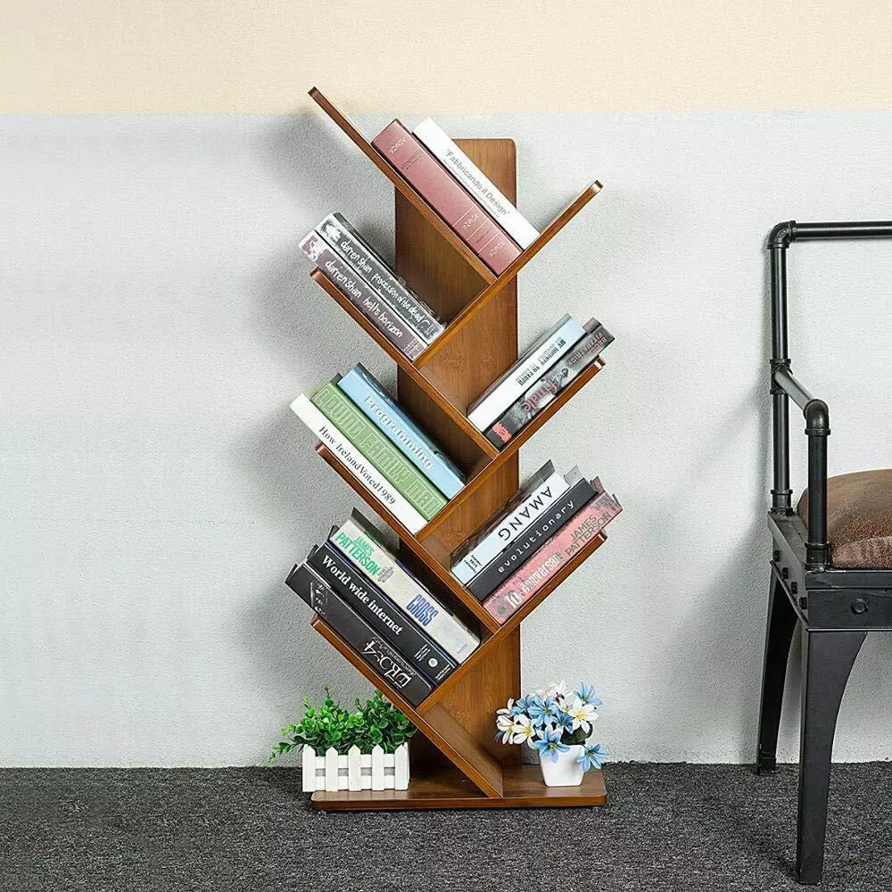 6 Shelf Tree Shape Free Standing Wooden Desk Book Magazine Display Study Rack