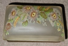 Vintage Frosted Satin Glass Hand-painted Floral Hinged Jewelry Trinket Box 4"