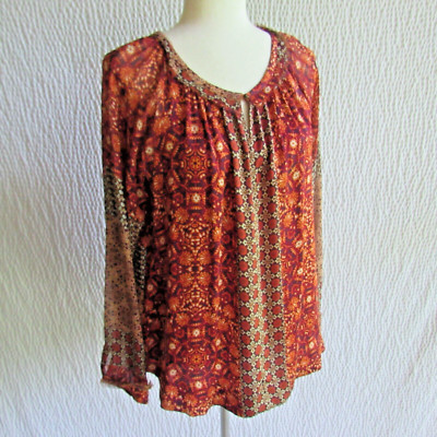 Gypsy 05 Silk Abstract Print Shirt Top Long Sleeve Boho Artsy Colorful Abstract