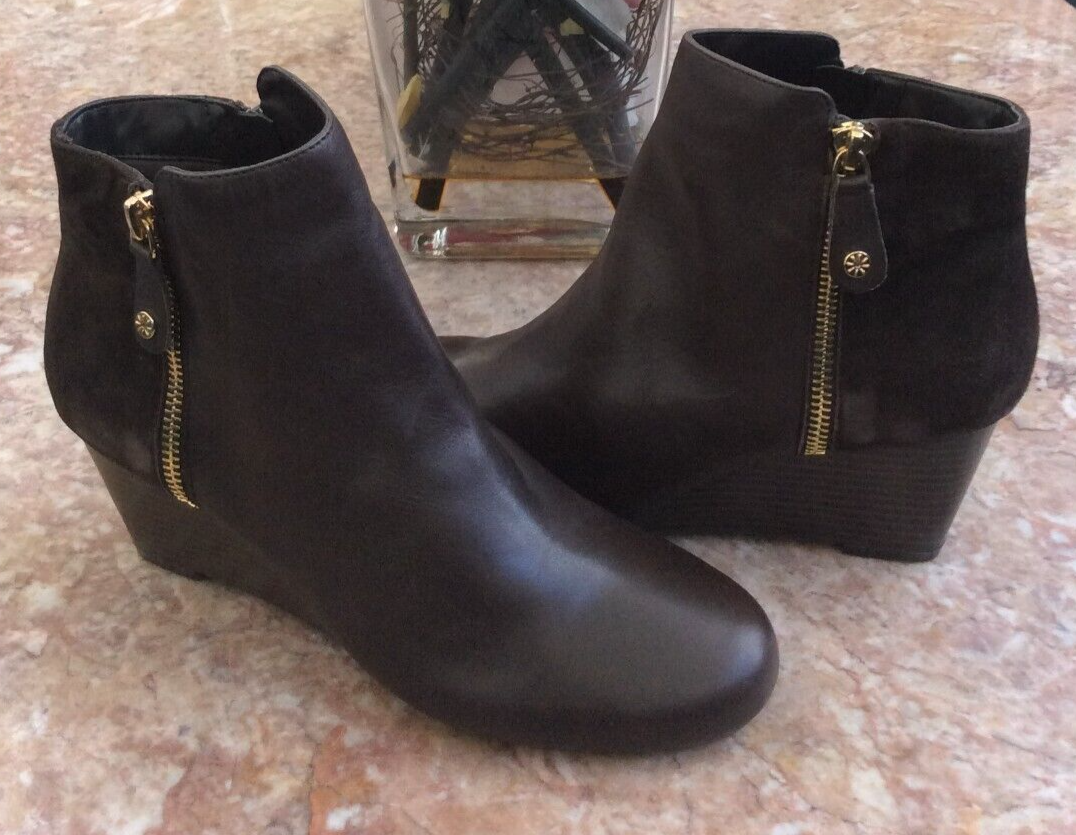 New Isaac Mizrahi Live! Leather & Suede Zip Wedge Ankle Boots Size