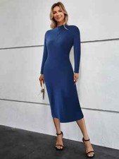 Half Zip Solid Bodycon Dress, Casual Long Sleeve Midi Dress, Women's Clothing