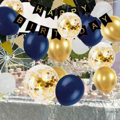 Happy Birthday Luftballons Banner Wimpel Party Hängedeko (Marine Gold)