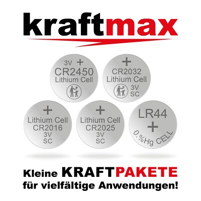 Knopfzellen Kraftmax CR2016 CR2025 CR2032 CR2450 LR44 AG13 Bulk Batterien