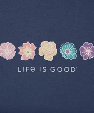 Large NWT Women's Life is Good Rainbow Flowers Darkest Blue SS LITE Crusher Vee