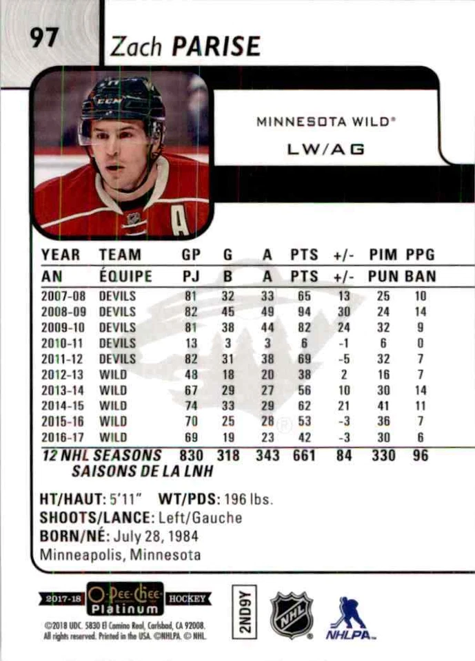 2017-18 O-Pee-Chee Platinum Zach Parise #97 - Image 2 of 2