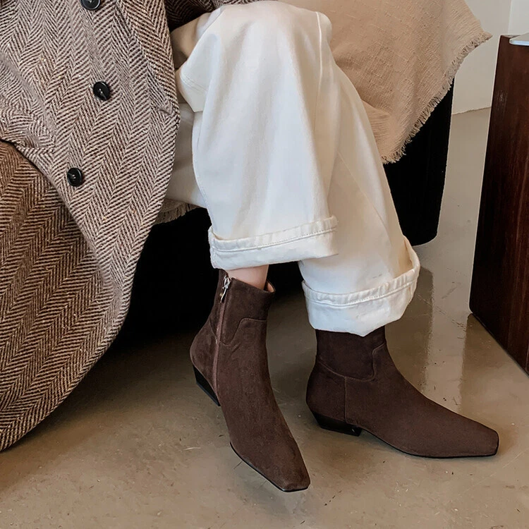 全新 女式 方头 踝靴 真皮革 粗跟 低跟鞋 踝靴 — 第 2/4 张图片