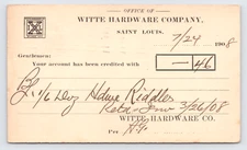 1908 Witte Hardware Co Postcard St. Louis MO Account Credit Notice