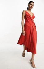 Red Sleeveless  A-Line  Midi Dress V-Neck Solid Polyester Elastane Size 0
