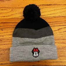 Disney Minnie Mouse Hat Pom Beanie Style Stripe Gray  Black