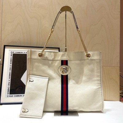 Gucci Rajah Large Leather Tote Bag White Red & Blue Web Stripe