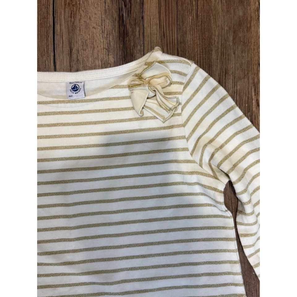 Top Petit Bateau Niñas 10A Crema Dorado Rayas Manga Larga Lazo Navidad Elegante Foto 2 de 4