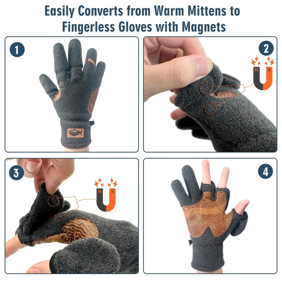 Magnetic Fleece Fishing Gloves Convertible 3 Cut Fingers Ice Fishing Warm for... - Image 2 of 4