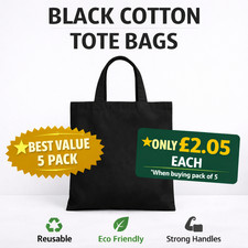 5 PLAIN CANVAS ECO BLACK COTTON SHOPPER SHOULDER TOTE BAGS Shopping Best Value