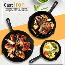 3PCS Cast Iron Skillet, Frying Pan With Drip Spout, Pre-Cooked Oven Cookware