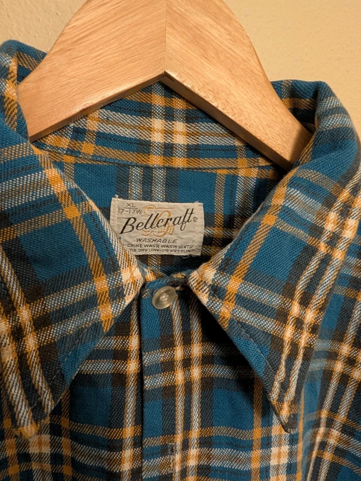 Verdadero Vintage Años 60/70 Bellcraft Abotonado Franela Amarilla y Azul Talla XL Foto 3 de 4