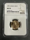 1991 Gold Eagle $10 1/4 Oz NGC MS70