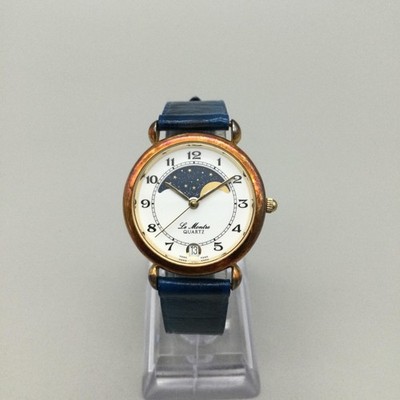 Vtg Le Montre Womens Watch 31mm Moon Phase Date Gold Tone 