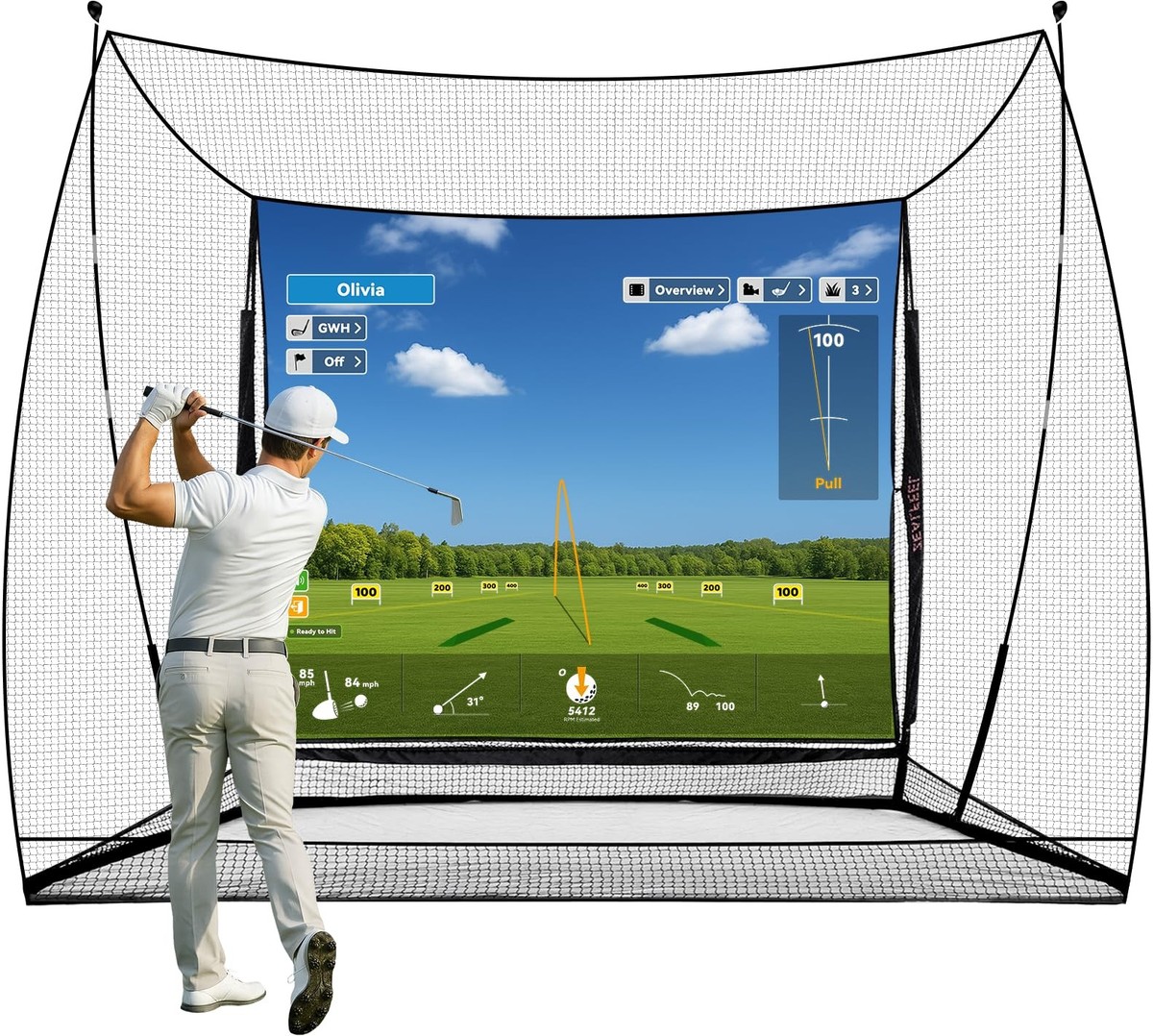 ZEALFEEL Golf Simulator Cage with Side BarriersImpact Screen