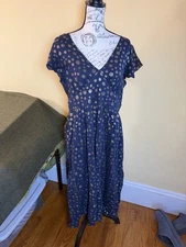 ModCloth navy gold polka dot midi dress cotton lined fit Flare flutter sleeve m