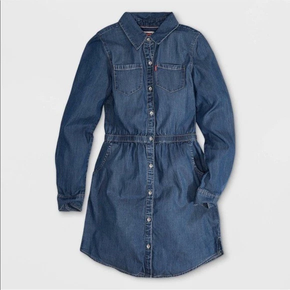 Robe Levi's Fille Taille 7 En Chambray Bleu Foncé - Manches Longues Boutonnée, Occasion Très Bon état