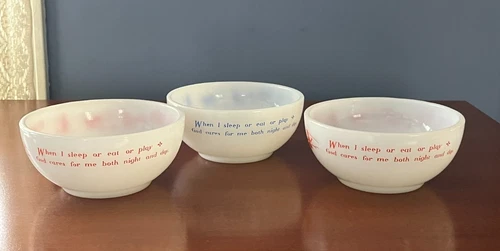 SET 3 VTG ANCHOR HOCKING FIRE KING CHILDREN'S BOWLS EAT SLEEP PLAY PRAYER 1950s
