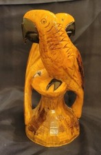 Hand Carved Wooden Pair of Parrots on a Perch Sculpture
