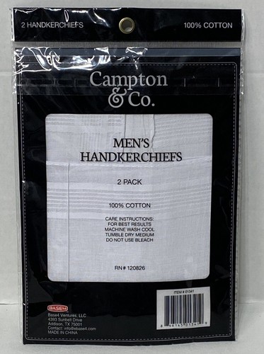 Campton & Co. Mens Handkerchiefs 2 Pack 100% Cotton RN#120826 NEW Sealed - Picture 2 of 4