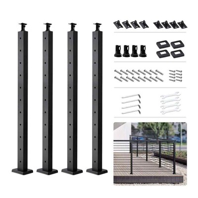 36 in. Steel Cable Railing Post with Horizontal and Curved Brackets for Deck Fen