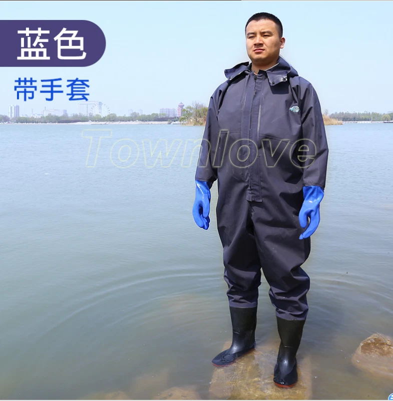 Mens Thick Fishing Wading One-Piece Zipper Jumpsuit Hooded